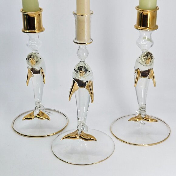 Set Of 3 Handcrafted Dolphin Glass Candle Holders With Gold Accents - Picture 3 of 8